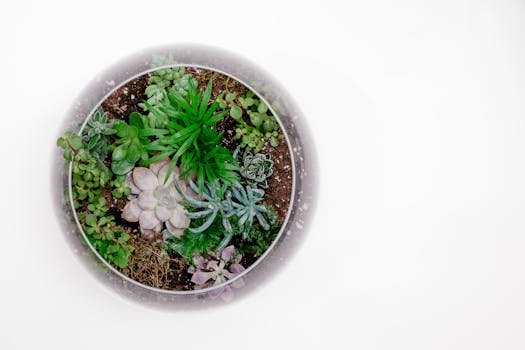A beautifully arranged succulent terrarium offering a lush, green display on a clean white background.