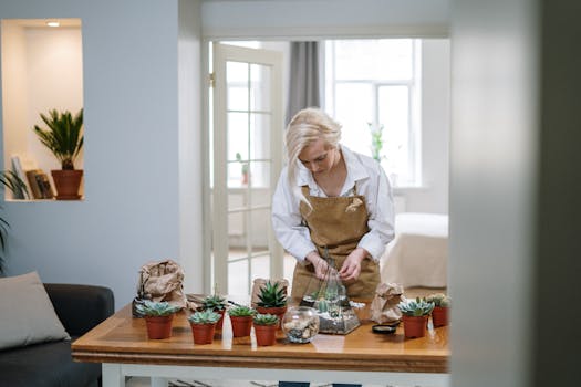 Blonde woman in apron creating a succulent terrarium on a wooden table indoors.
